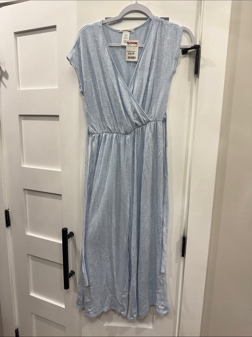 Light Blue Striped Wrap Capri Jumpsuit